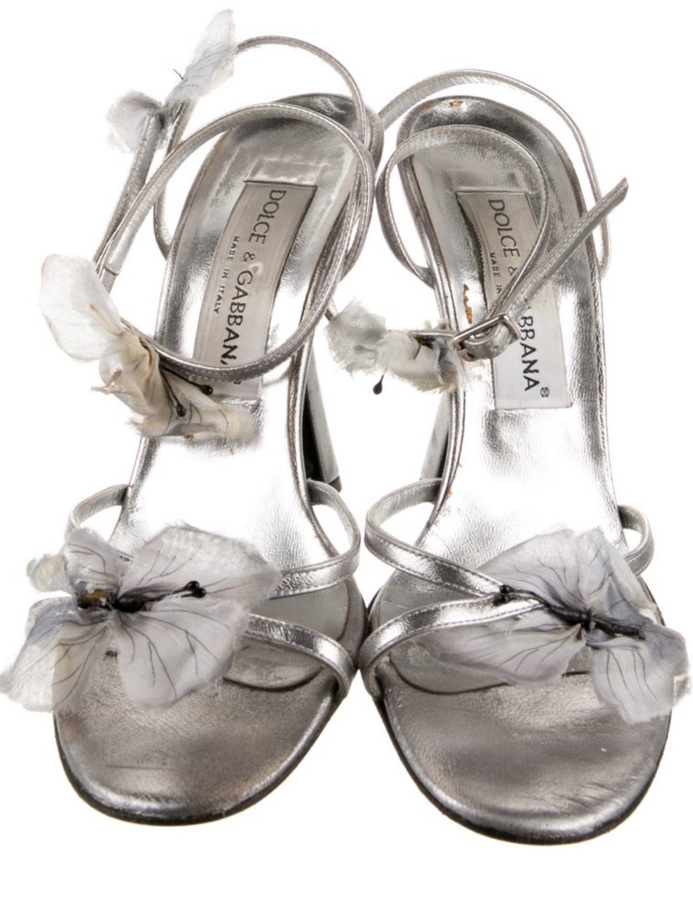 Dolce & Gabbana Metallic Silver Floral Ankle-Tie Sandals SS1998 Rare